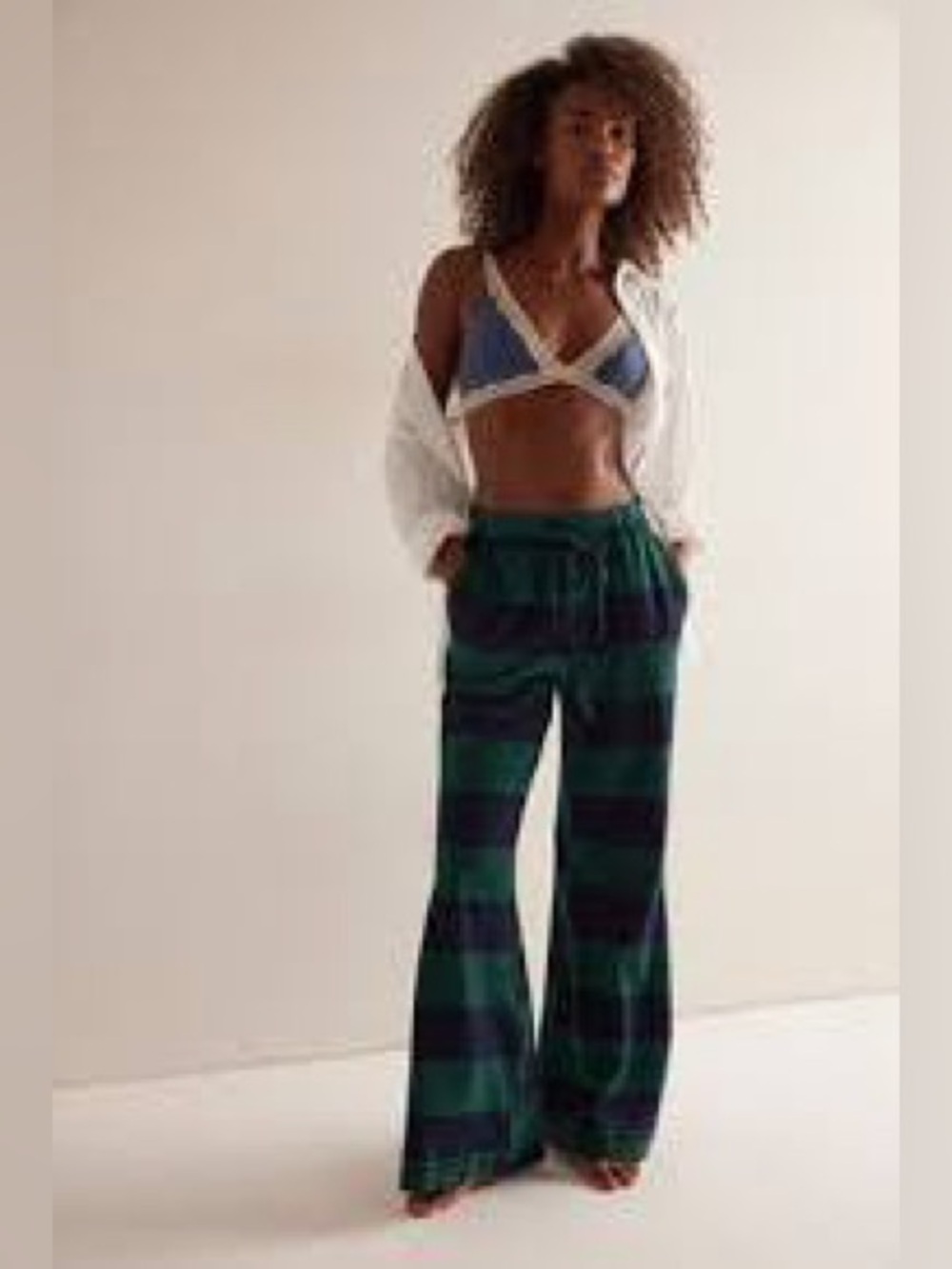 Free People Green & Blue Striped Flare Leg Drawstring Pants Sz. L